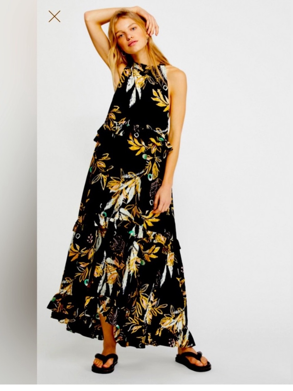 Free People Black Halter Midi Dress with Yellow and Cream Leaf Print